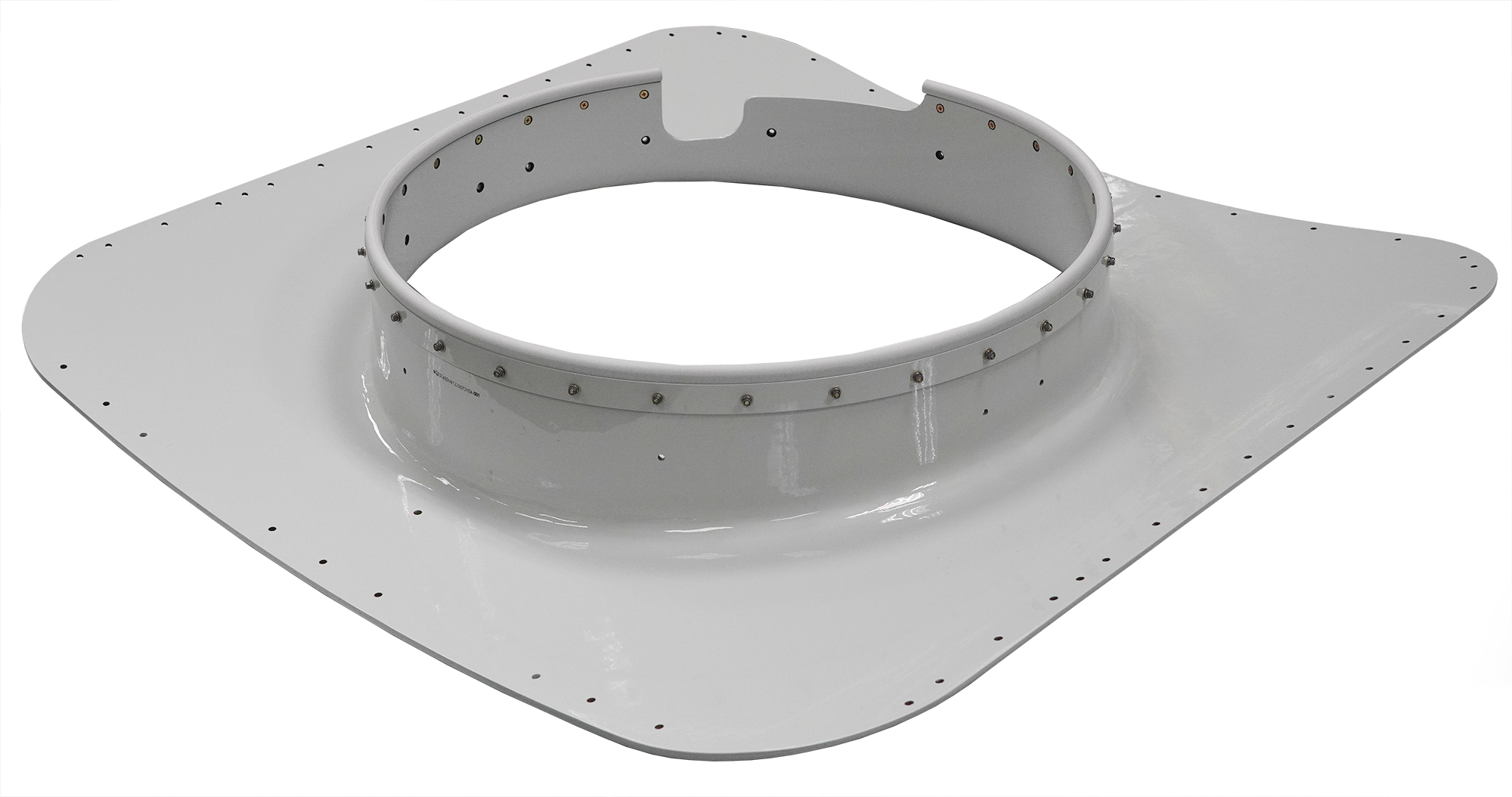 Fairing aerostructure. Curved white shape with drill holes along the edges and metallic inserts around the central hole.