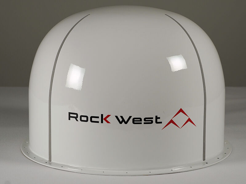 Flight radome, white Flight radome painted white with lightning diverters. Rock West logo on the side. Radome sits on a white table with a neutral background