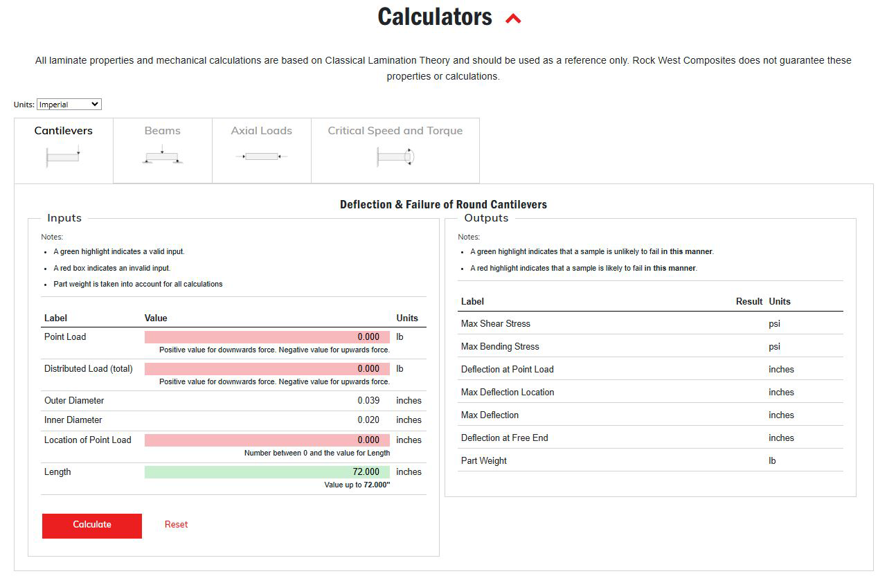 RWC Calculator for Deflection & Failure of Round Cantilevers Calculator for Deflection & Failure of Round Cantilevers